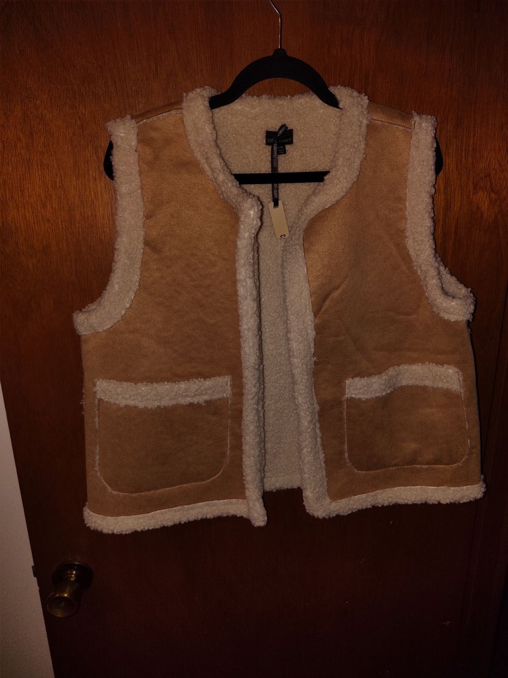 Coco + Carmen Tan Faux-Suede Vest with Cream Sherpa Trim